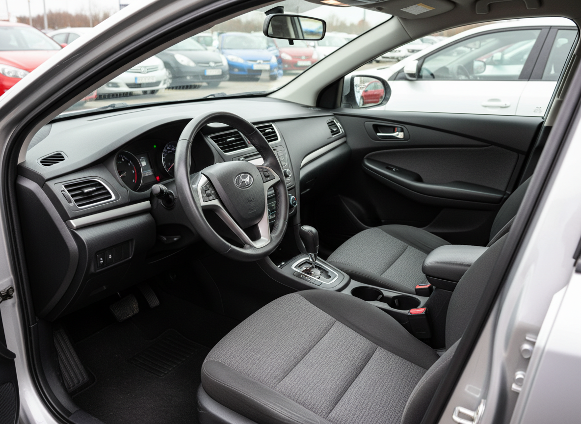The meticulously detailed interior of a pre-owned mid-range sedan, captured from the open driver’s door with a clear view of the steering wheel, center console, and immaculate fabric seats. The upholstery appears freshly cleaned, with even stitching and no visible wear, while the dashboard surfaces have a satin finish that subtly reflects light. Natural overcast daylight filters through the windows, avoiding glare and giving an honest, neutral representation of the condition. The car is parked on a neat dealership lot, hinted at by a softly blurred row of other vehicles outside. The composition is eye-level and symmetrical, with sharp focus throughout the cabin, emphasizing comfort, cleanliness, and trustworthy photographic realism for a professional used car and rental business.